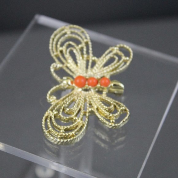 VTG butterfly brooch signed Gerrys goldtone with coral beads - Picture 5 of 8